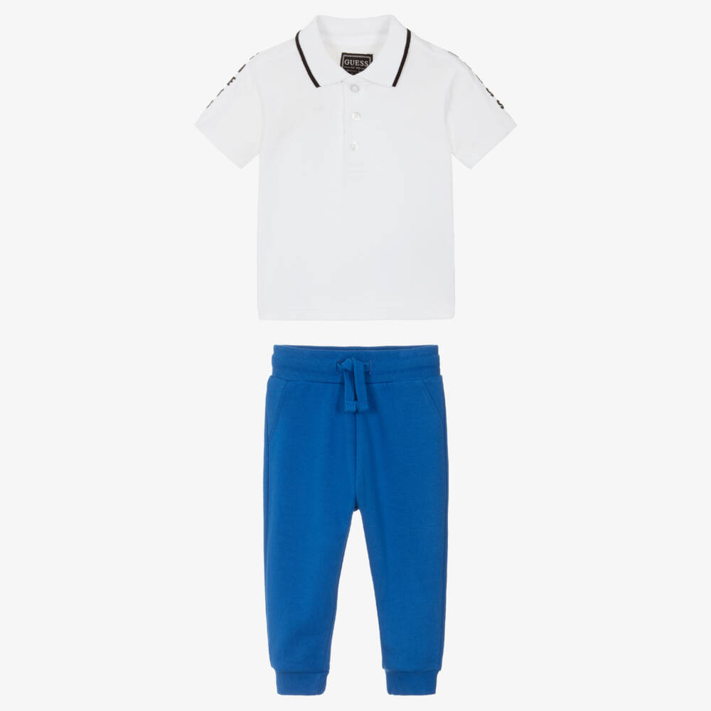 Guess-Baby Boys White Polo Shirt & Blue Cotton Jogger Set | Childrensalon Outlet