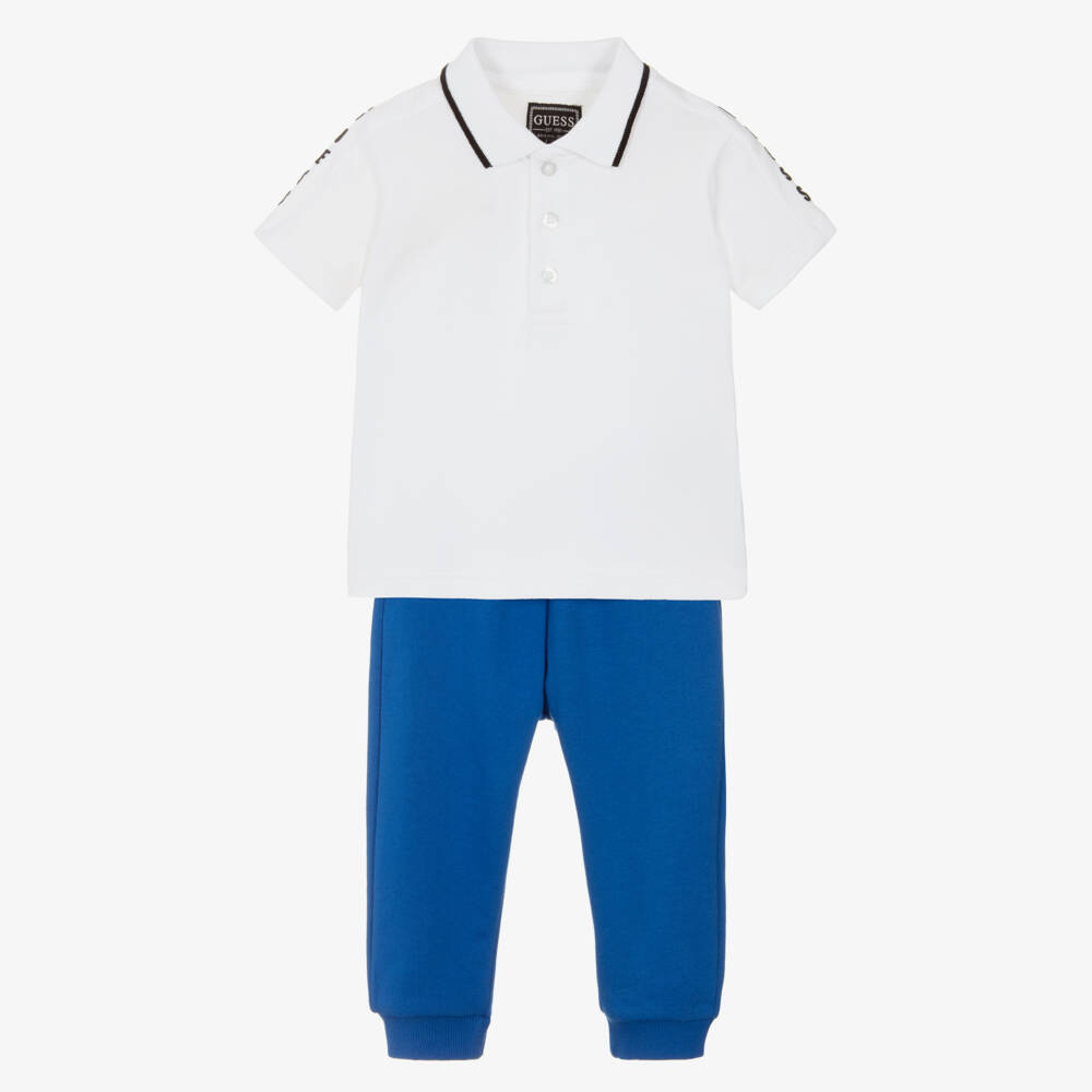 Guess-Baby Boys White Polo Shirt & Blue Cotton Jogger Set | Childrensalon Outlet