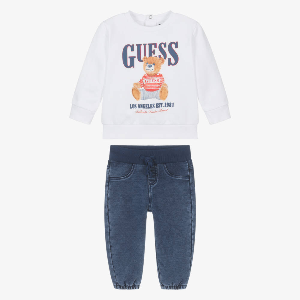 Guess-Baby Boys White Teddy Sweatshirt & Blue Jeans Set | Childrensalon Outlet