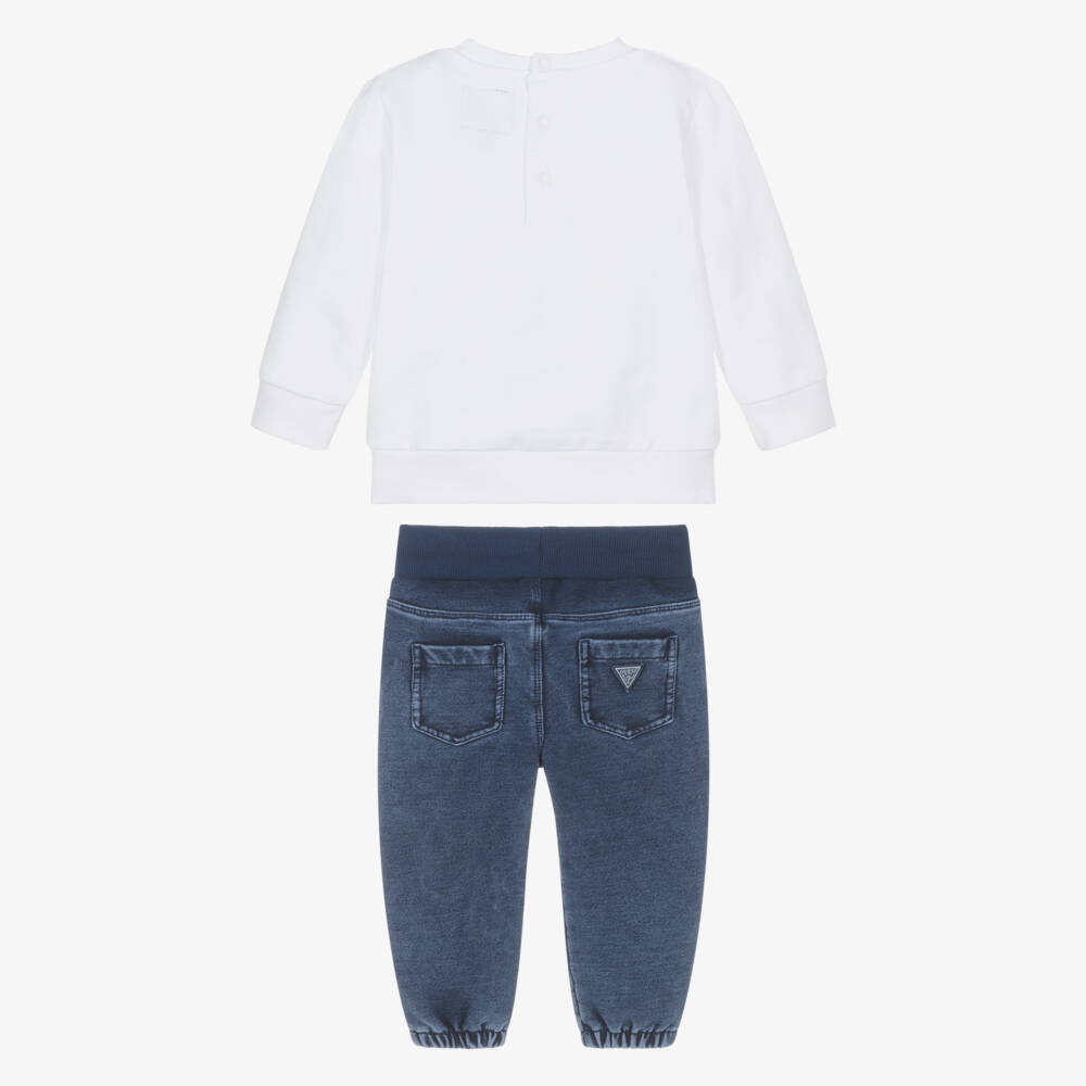 Guess-Baby Boys White Teddy Sweatshirt & Blue Jeans Set | Childrensalon Outlet