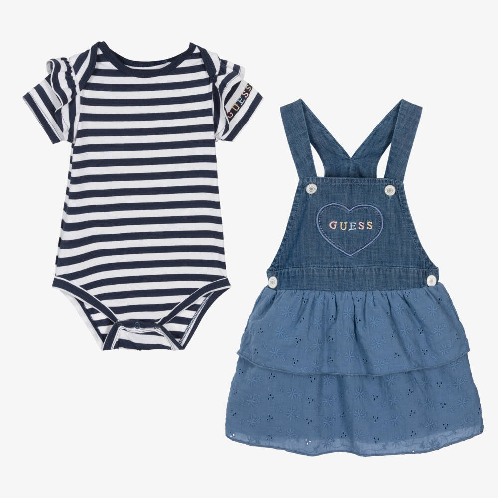 Guess-Baby Girls Blue Chambray Dungaree Dress Set | Childrensalon Outlet