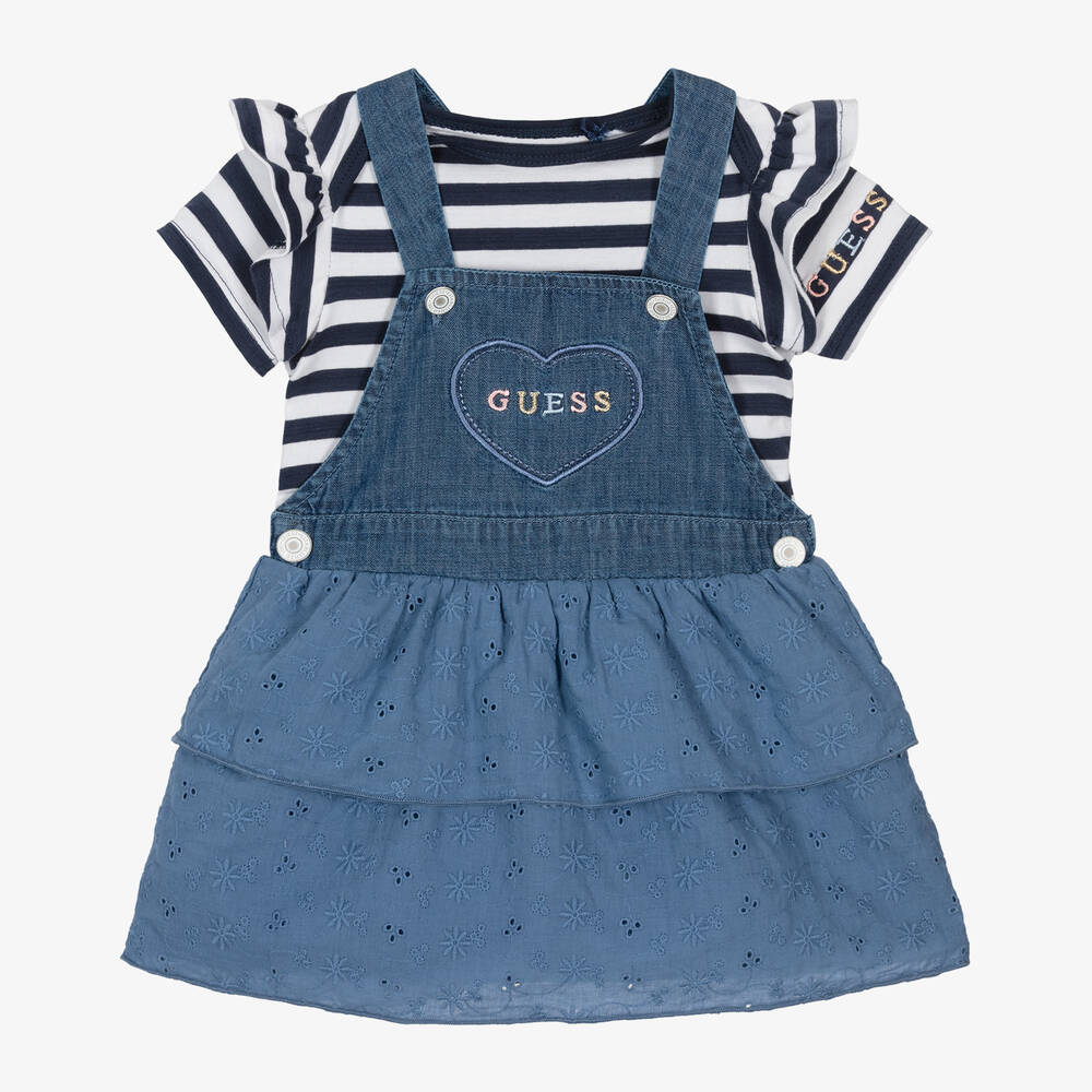GUESS Baby Girls Blue Chambray Dungaree Dress Set