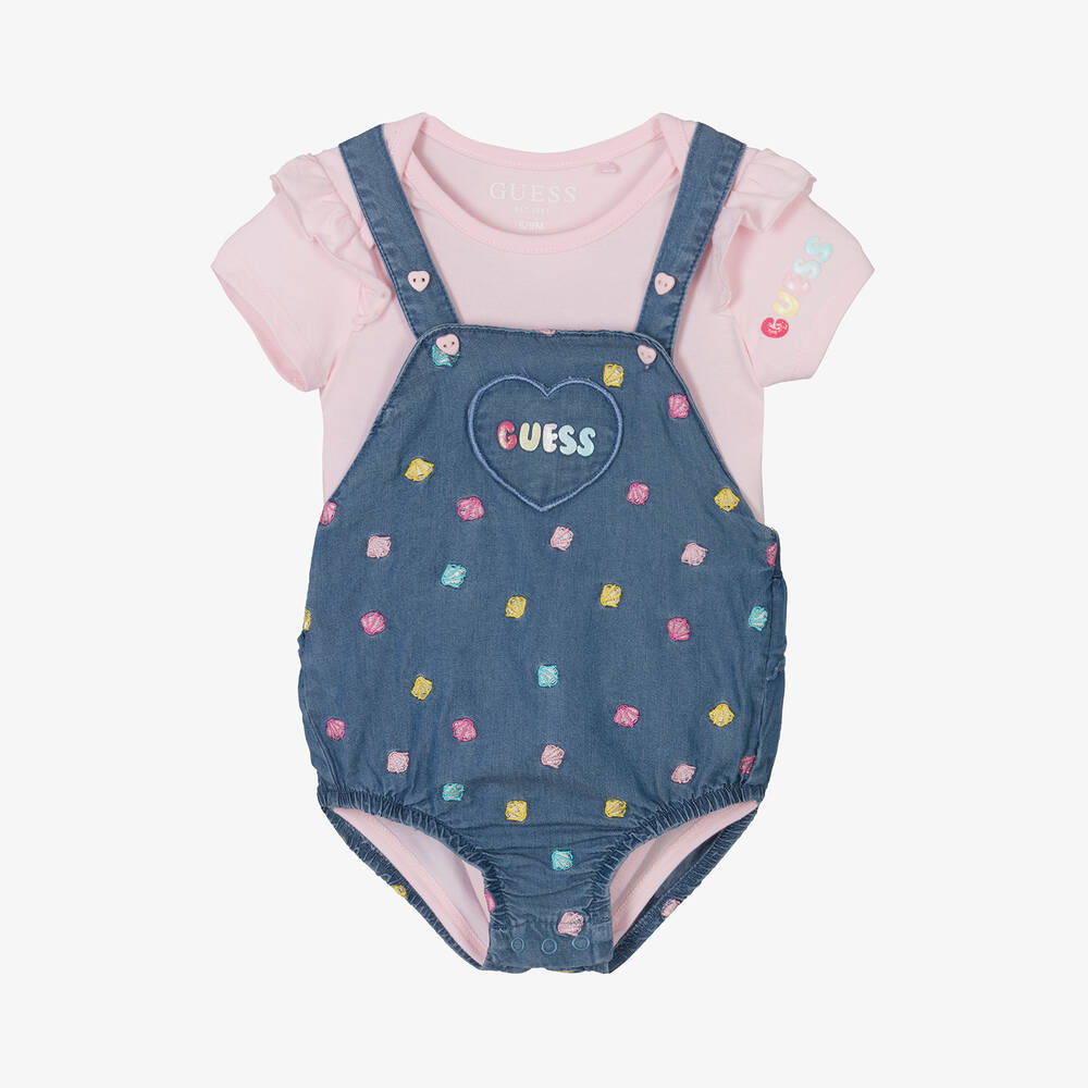Baby Girls Blue Chambray Dungaree Shorts Set