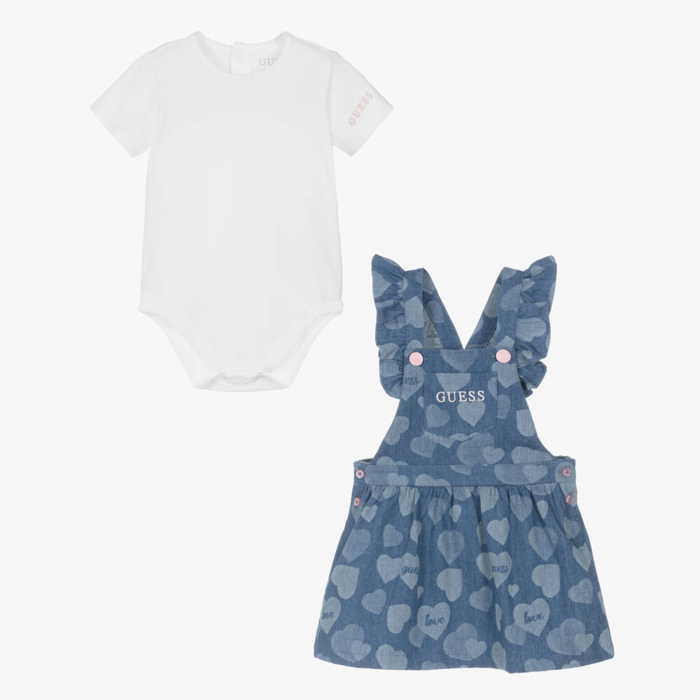 Guess-Baby Girls Blue Chambray Pinafore Dress Set | Childrensalon Outlet