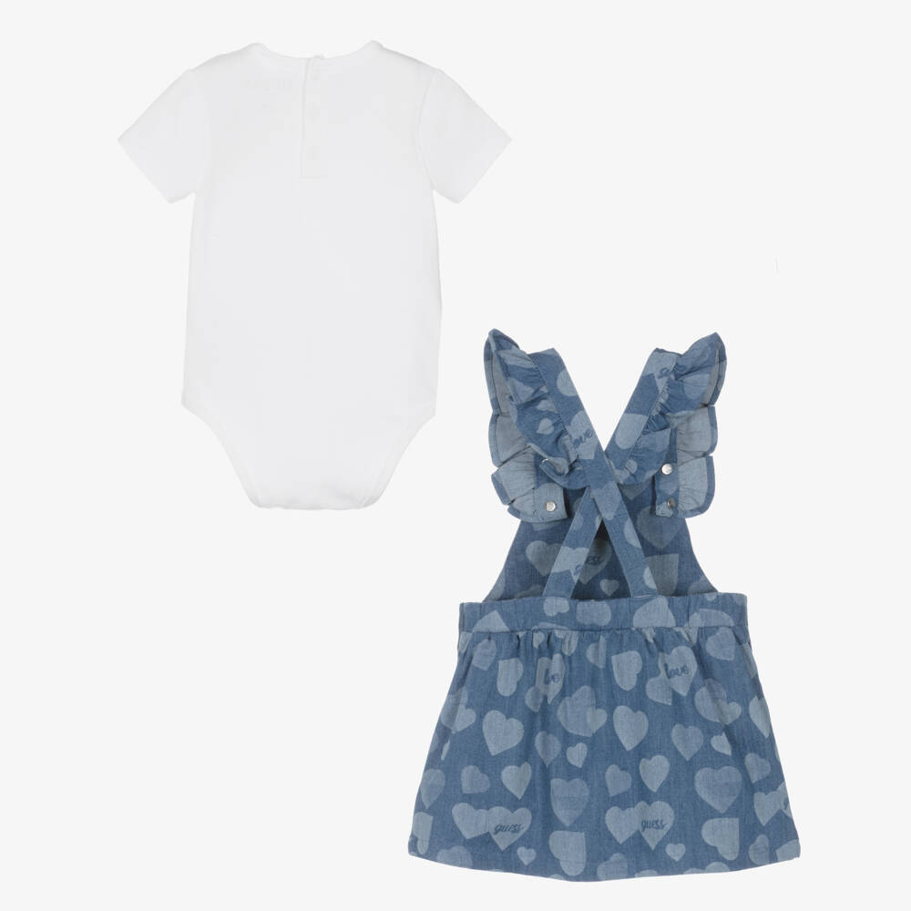 Guess-Baby Girls Blue Chambray Pinafore Dress Set | Childrensalon Outlet
