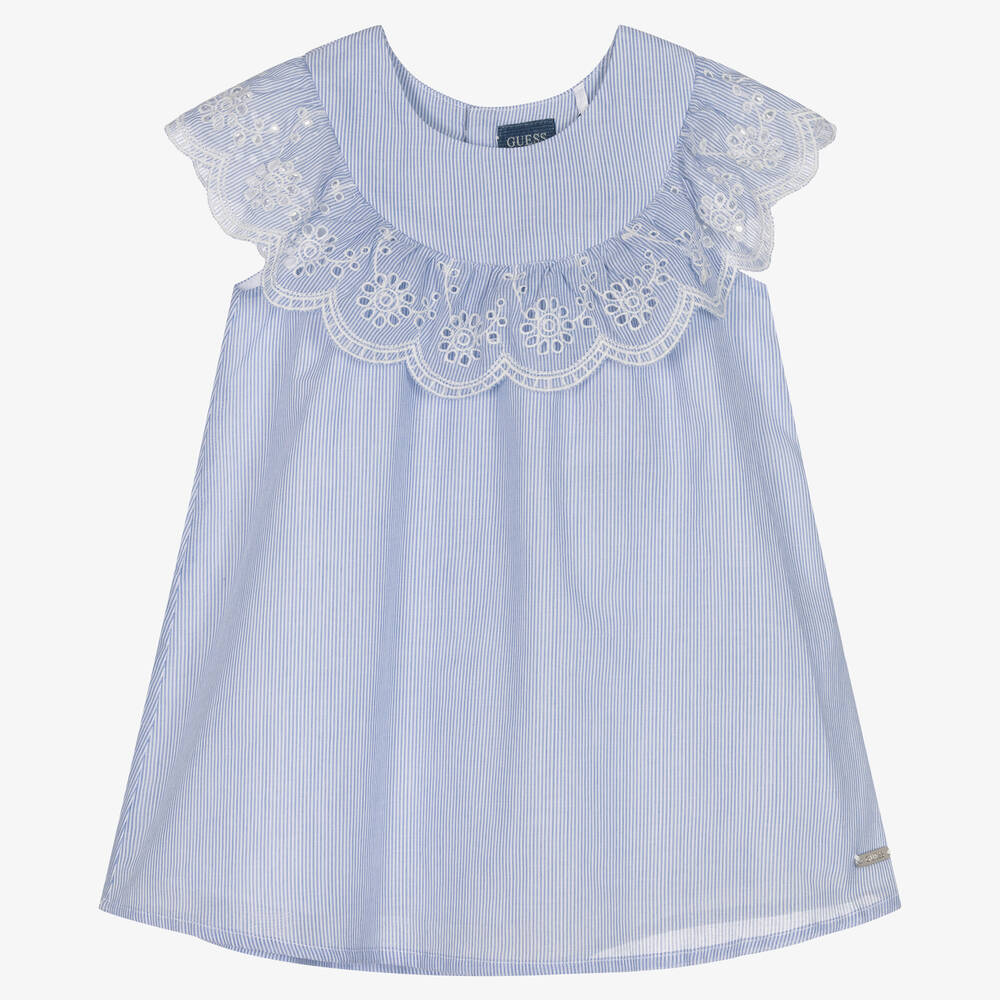 Guess - فستان قطن مقلم لون أبيض وأزرق للمولودات  | Childrensalon