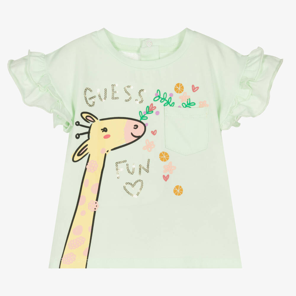 Guess - T-shirt vert en coton bébé fille | Childrensalon