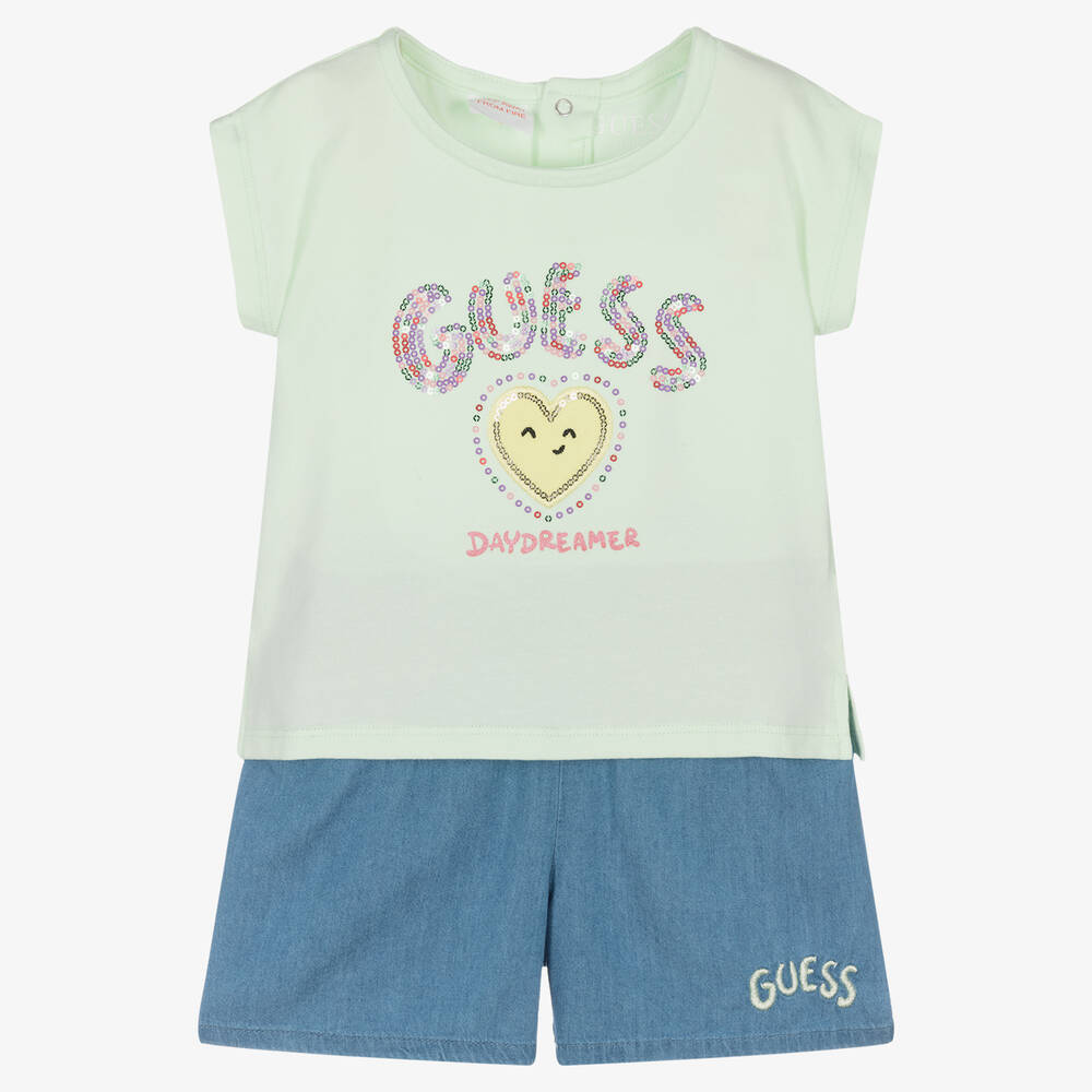 Guess - Baby Girls Green Top & Blue Chambray Shorts Set | Childrensalon