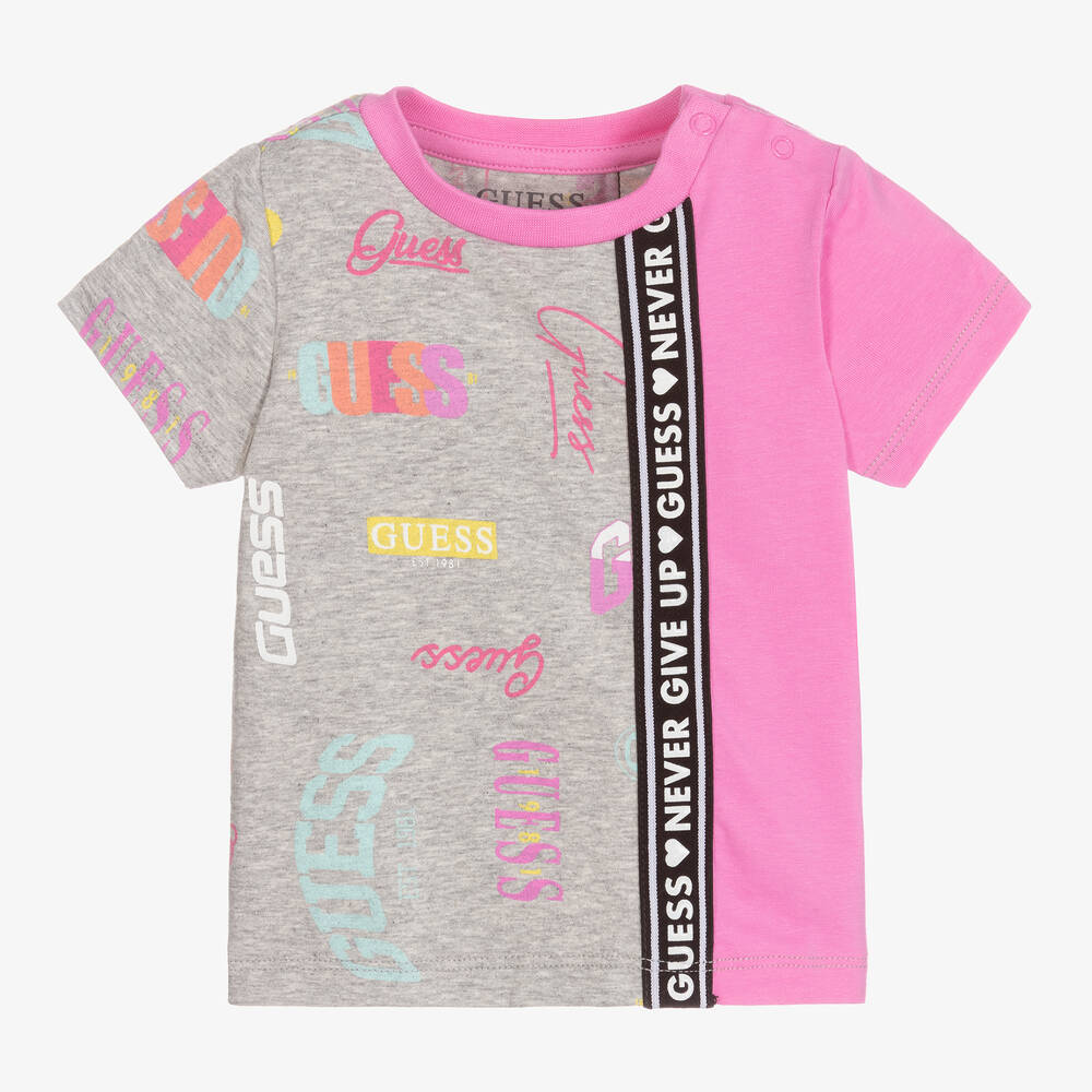 Guess - Baby Girls Grey & Pink Cotton T-Shirt | Childrensalon