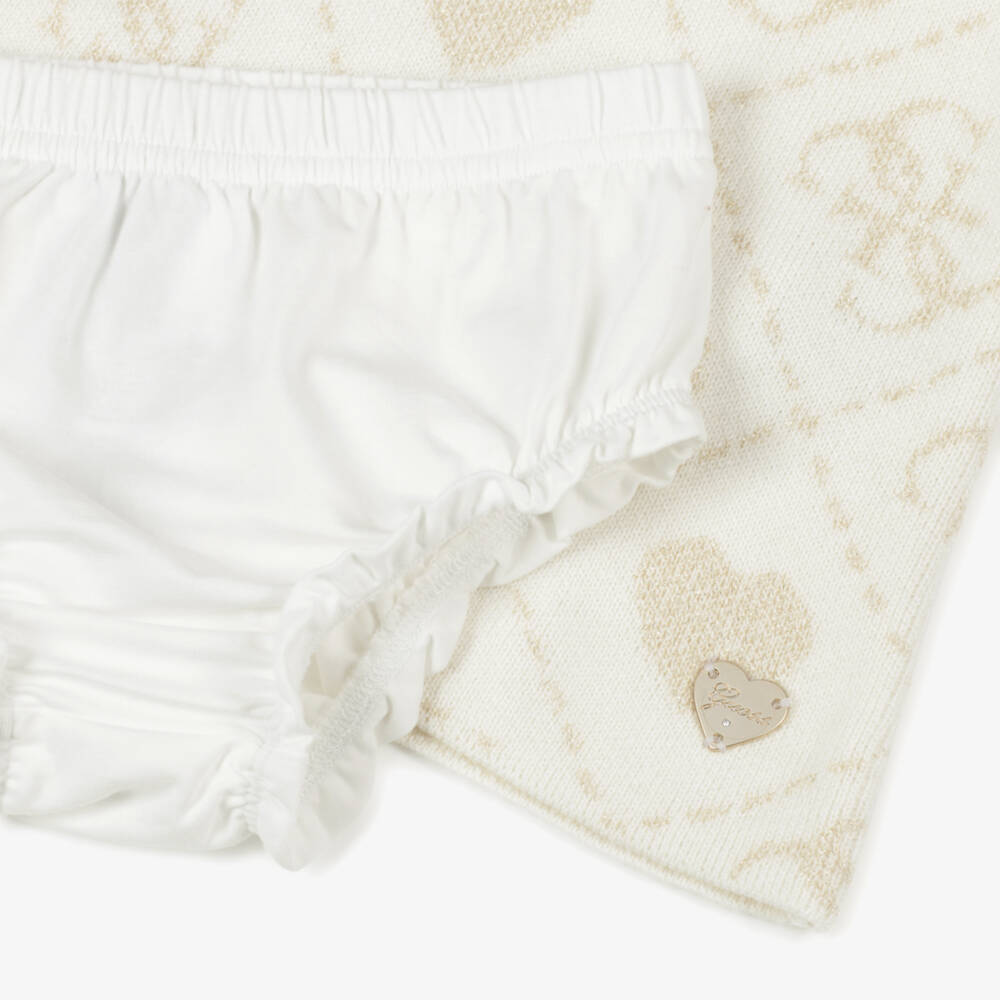 Guess-Baby Girls Ivory & Gold 4g Logo Knitted Dress | Childrensalon Outlet