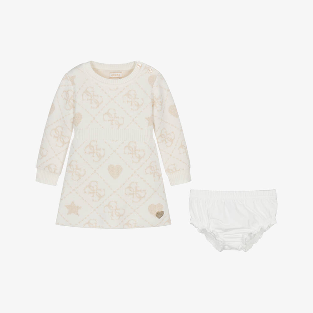 Guess-Baby Girls Ivory & Gold 4g Logo Knitted Dress | Childrensalon Outlet