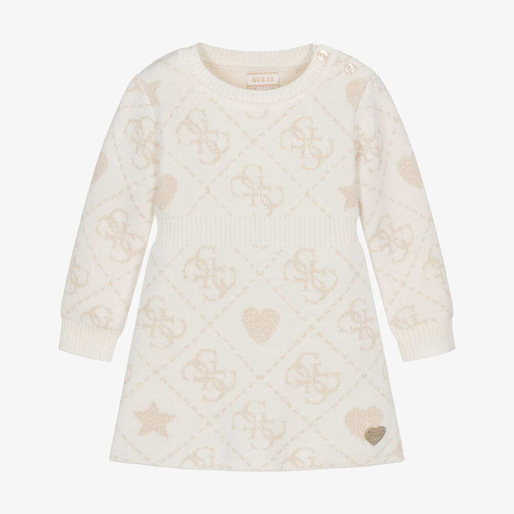 Guess-Baby Girls Ivory & Gold 4g Logo Knitted Dress | Childrensalon Outlet