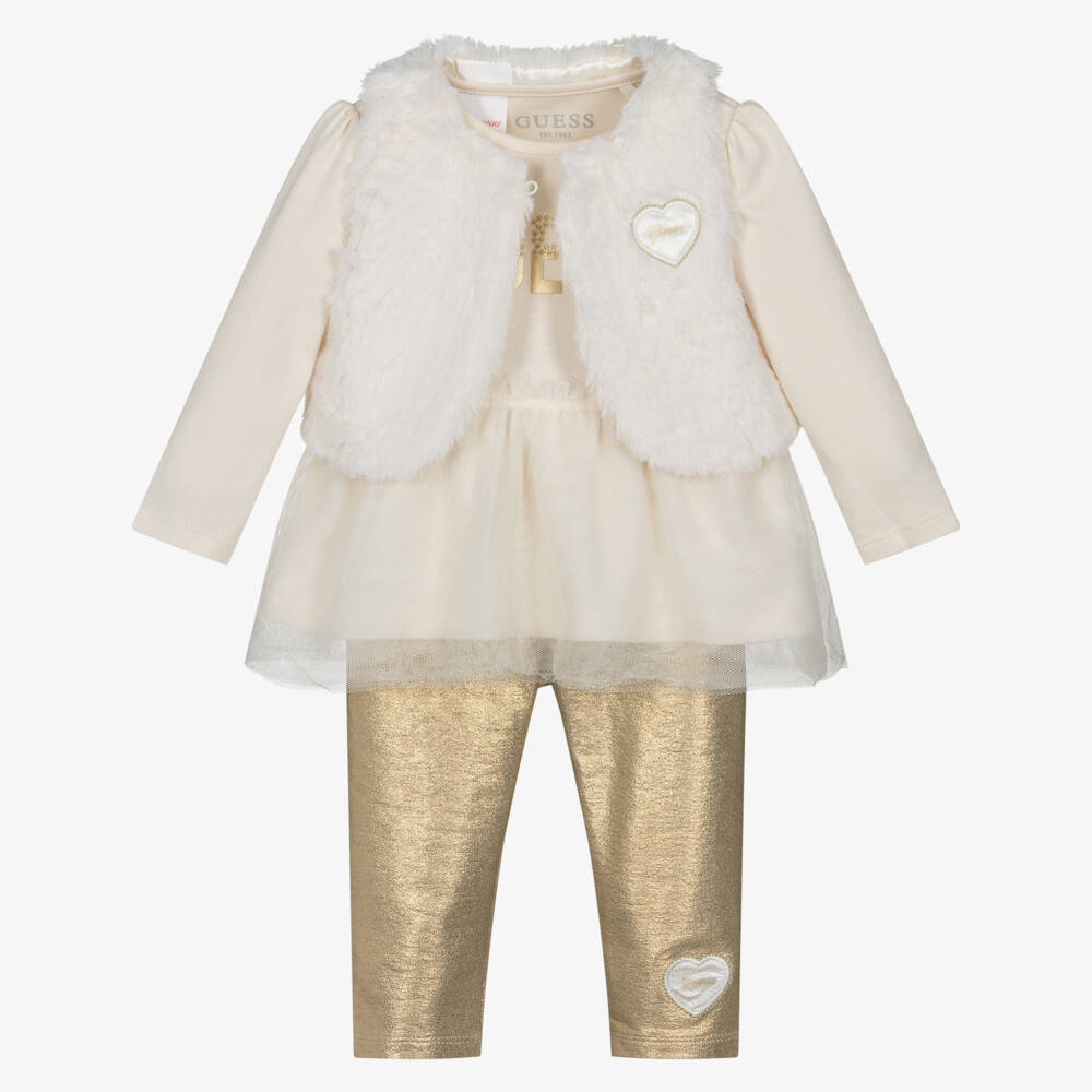 Guess-Baby Girls Ivory & Gold Cotton Leggings Set | Childrensalon Outlet