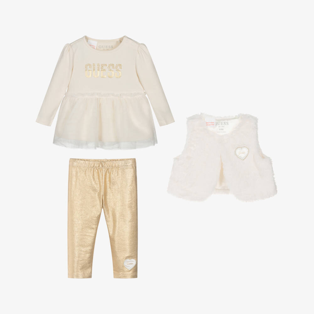 Guess-Baby Girls Ivory & Gold Cotton Leggings Set | Childrensalon Outlet