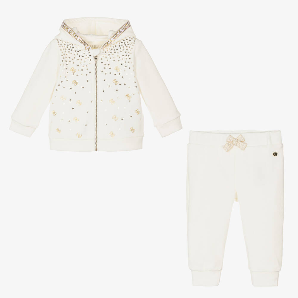Guess-Baby Girls Ivory & Gold Velour Tracksuit | Childrensalon Outlet