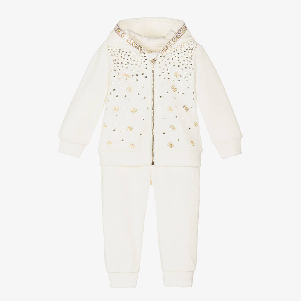 Guess - Baby Girls Ivory & Gold Velour Tracksuit | Childrensalon