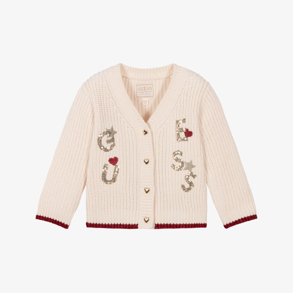 Guess-Baby Girls Ivory Knitted Cardigan with Sequin Logo | Childrensalon Outlet