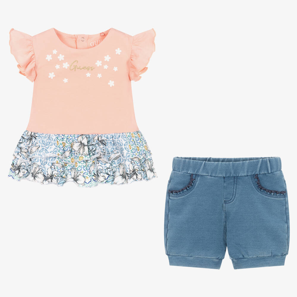 جيس-طقم شورت قطن جيرسي لون زهري وأزرق للمولودات | Childrensalon Outlet