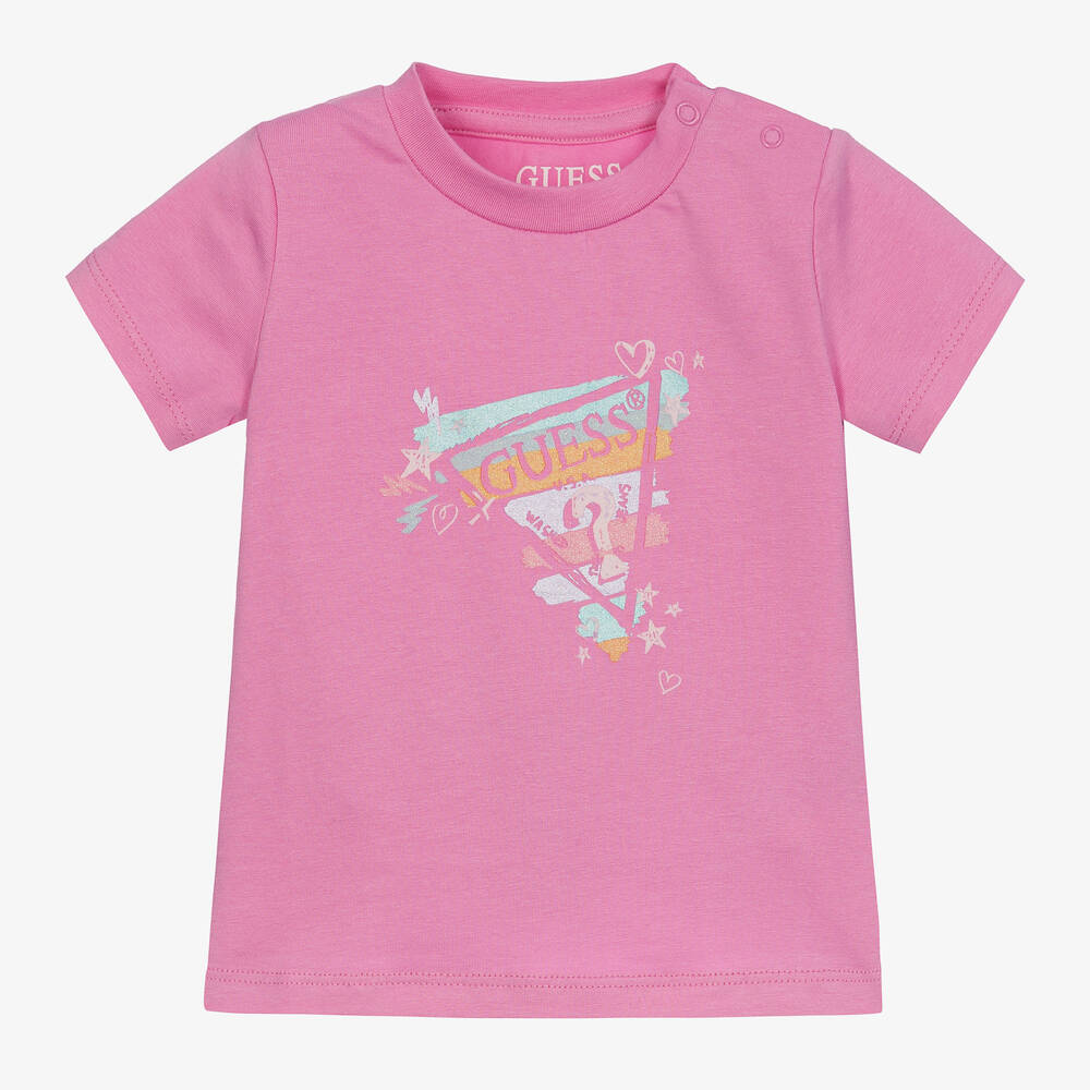 Guess - T-shirt rose en coton mélangé bébé | Childrensalon