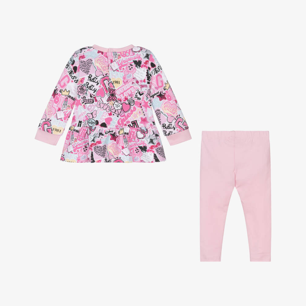 Guess-Baby Girls Pink Cotton Leggings Set with Graphic Logo Print | Childrensalon Outlet