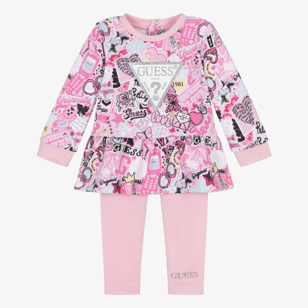 Guess-Baby Girls Pink Cotton Leggings Set with Graphic Logo Print | Childrensalon Outlet
