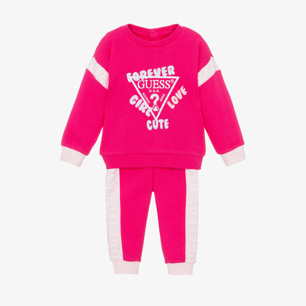 Guess - Baby Girls Pink Cotton Tracksuit | Childrensalon