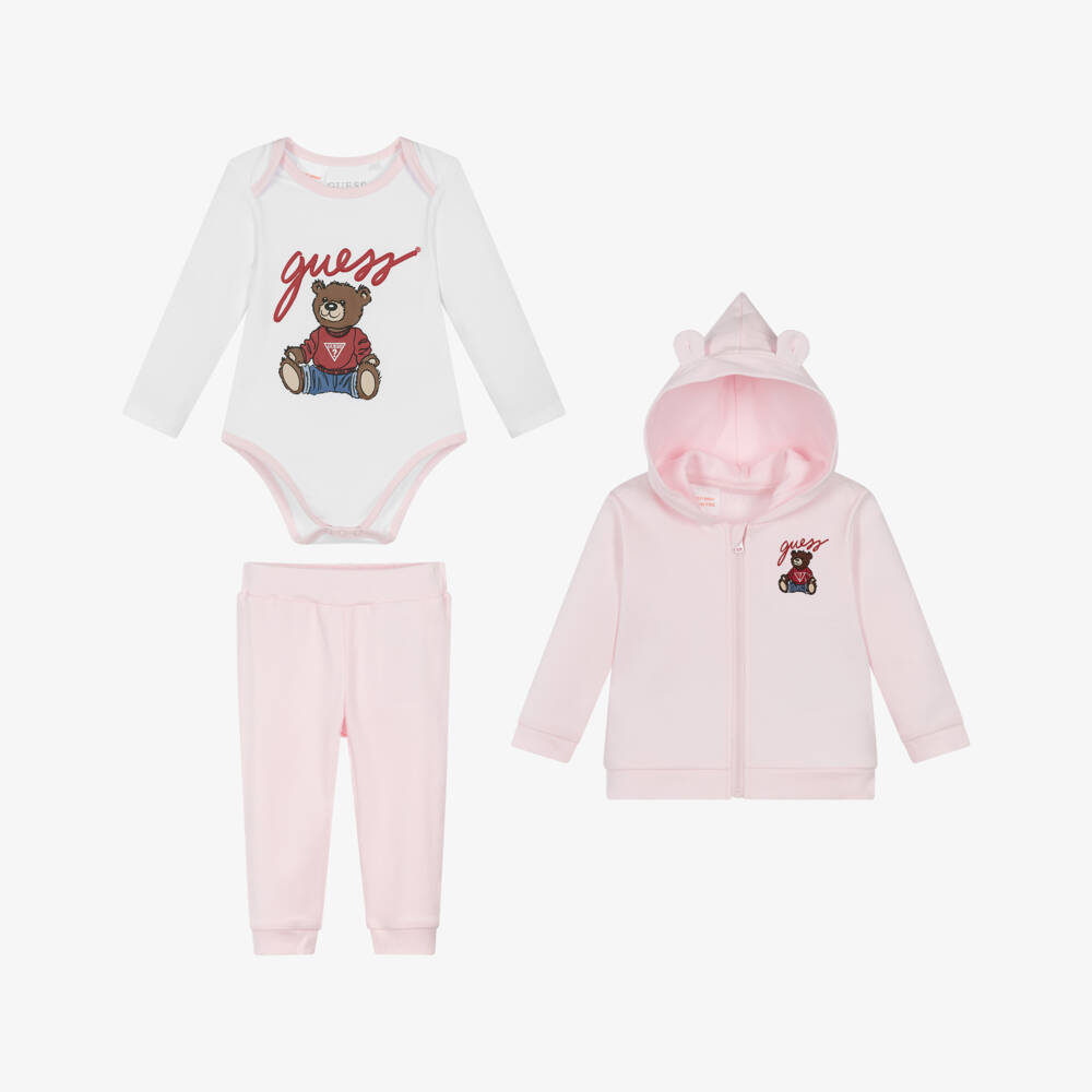 Guess-Baby Girls Pink Cotton Tracksuit Set with Teddy Mascot | Childrensalon Outlet