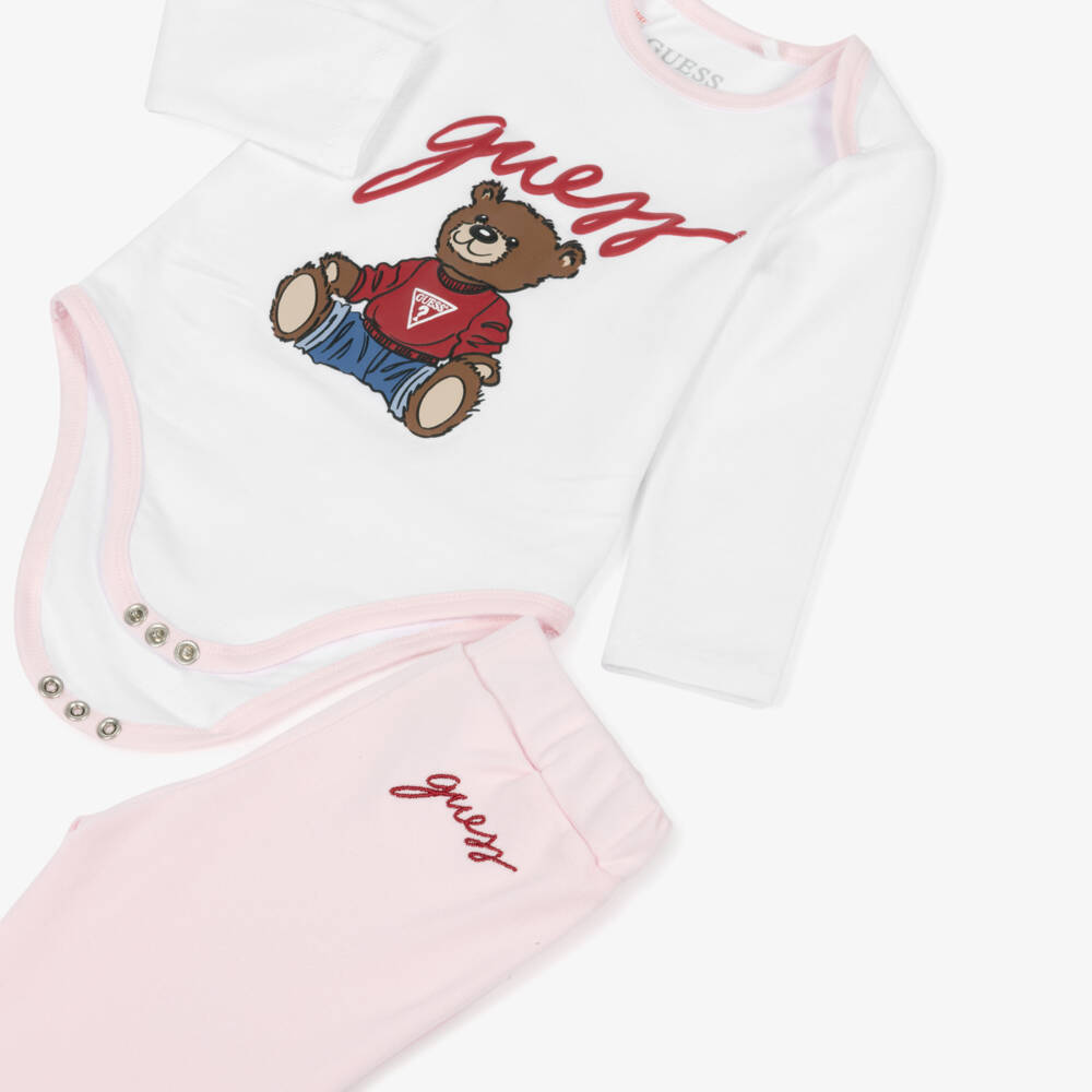 Guess-Baby Girls Pink Cotton Tracksuit Set with Teddy Mascot | Childrensalon Outlet
