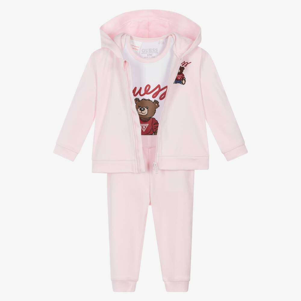 Guess-Baby Girls Pink Cotton Tracksuit Set with Teddy Mascot | Childrensalon Outlet