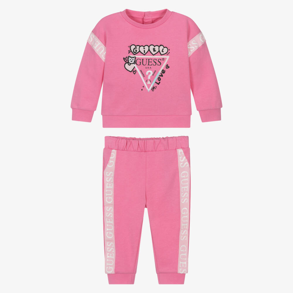 Guess-Baby Girls Pink Cotton Tracksuit with Logo Tape Trims | Childrensalon Outlet
