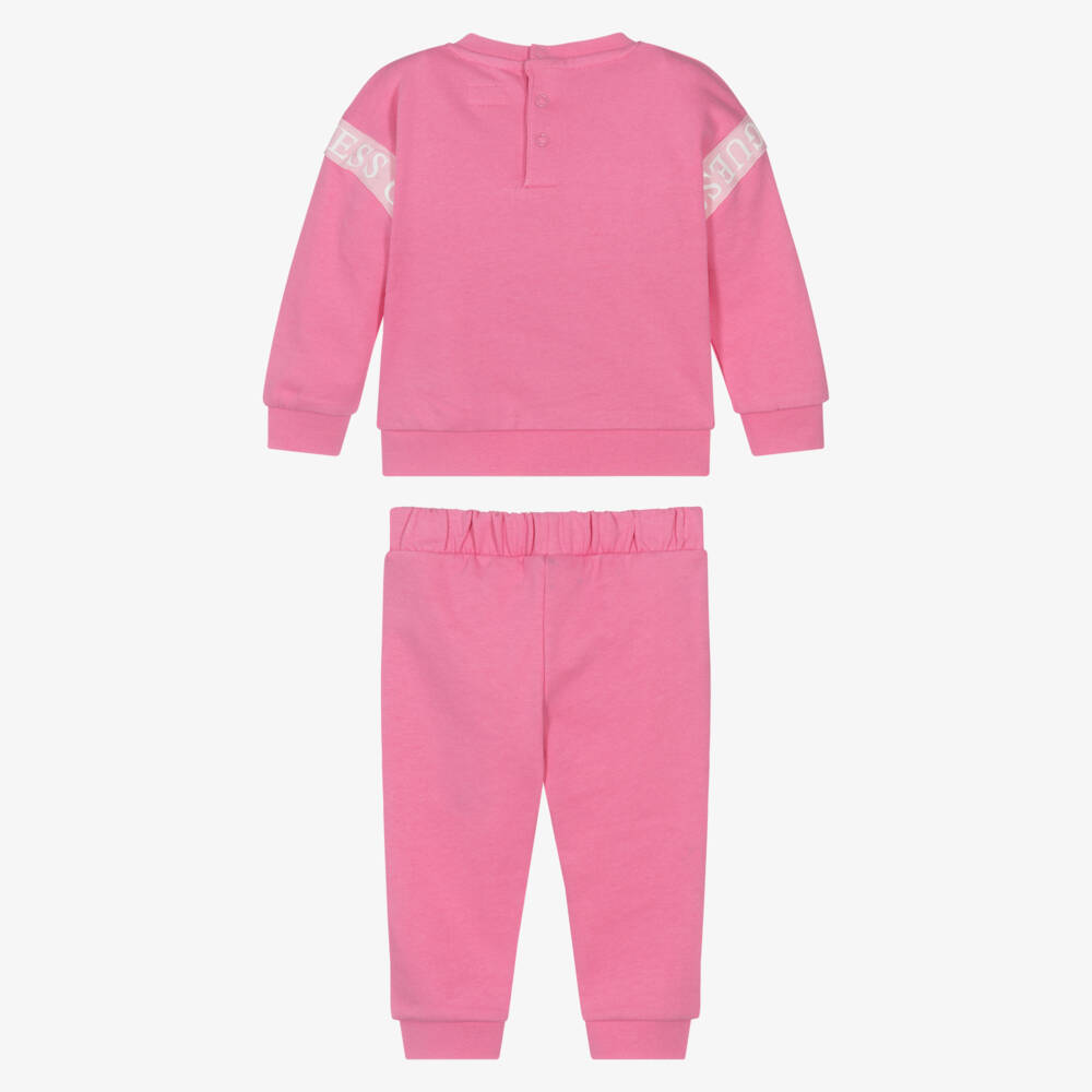 Guess-Baby Girls Pink Cotton Tracksuit with Logo Tape Trims | Childrensalon Outlet