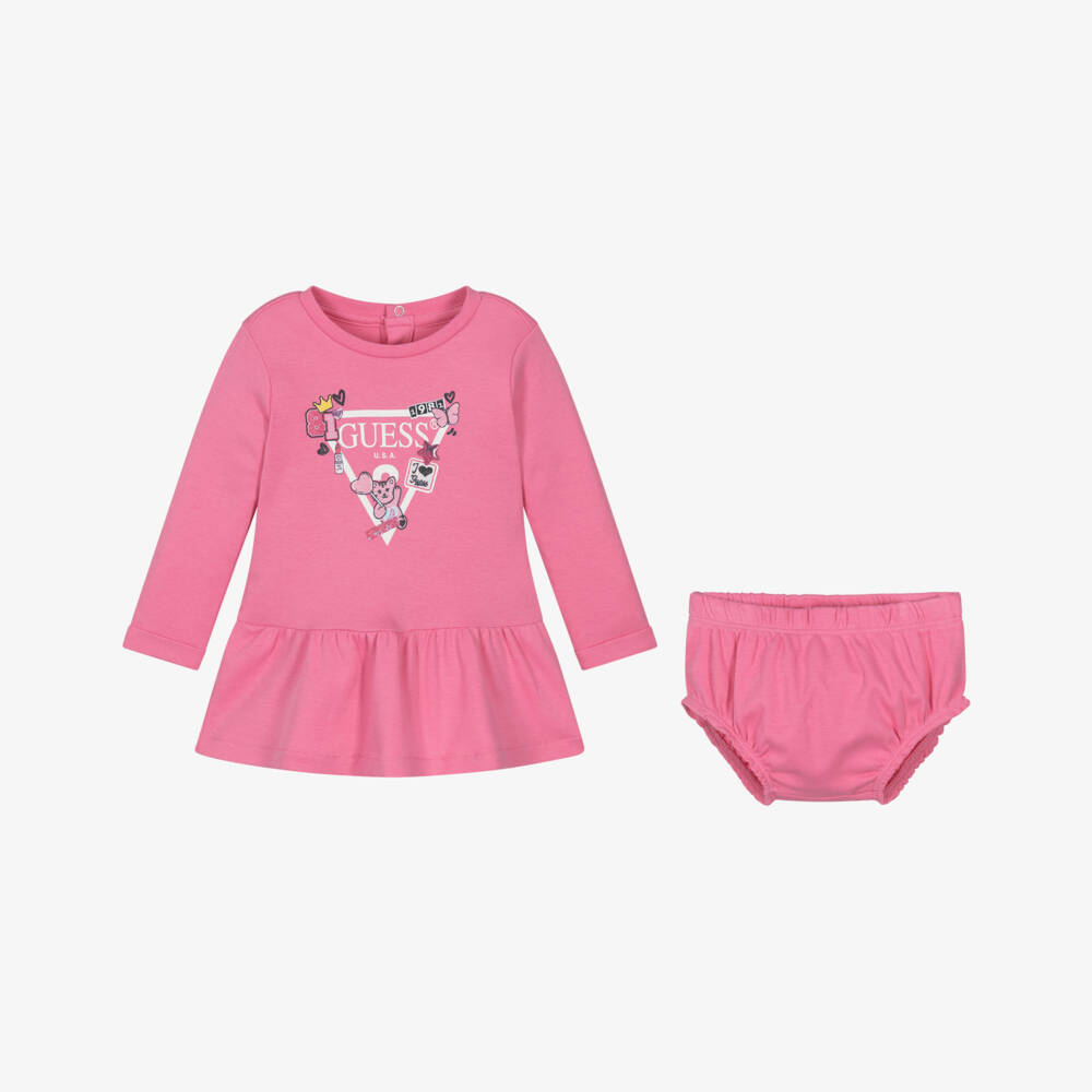 Guess-Baby Girls Pink Cotton Triangle Logo Dress | Childrensalon Outlet