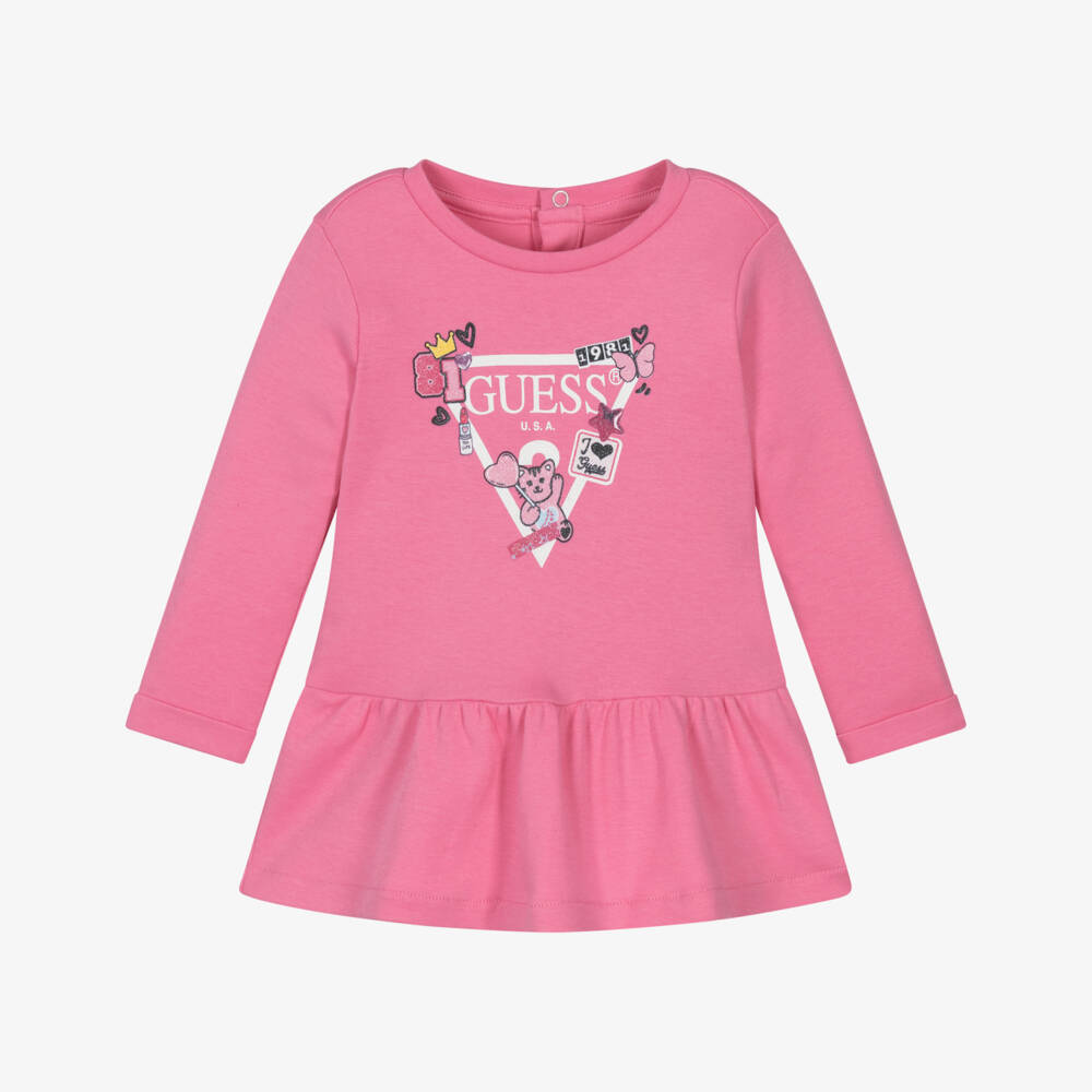 Guess-Baby Girls Pink Cotton Triangle Logo Dress | Childrensalon Outlet