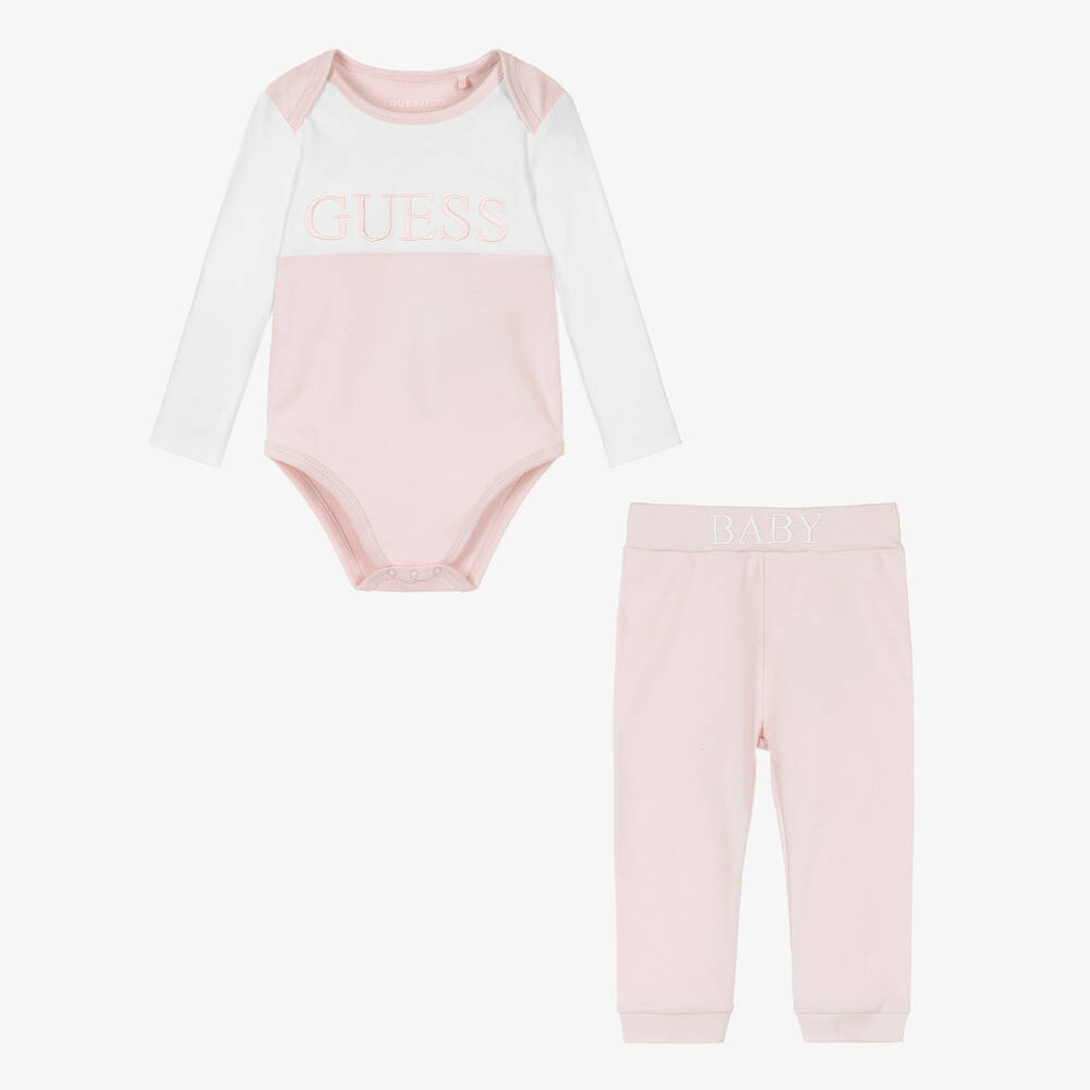 Guess - Baby Girls Pink Cotton Trouser Set | Childrensalon