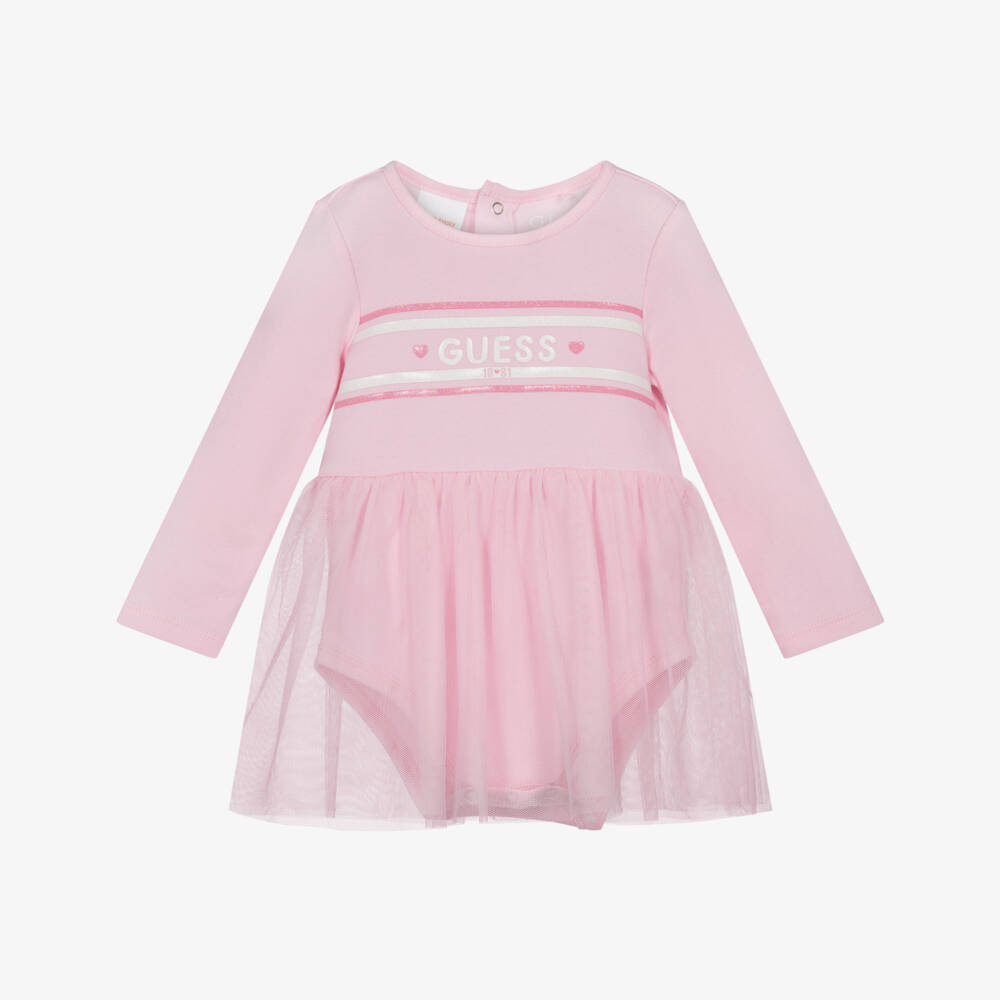 Guess-Baby Girls Pink Cotton & Tulle Dress with Iridescent Logo | Childrensalon Outlet