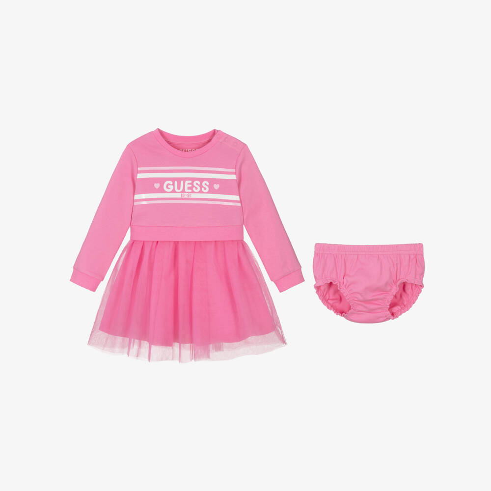 Guess-Baby Girls Pink Cotton & Tulle Glittery Logo Dress | Childrensalon Outlet