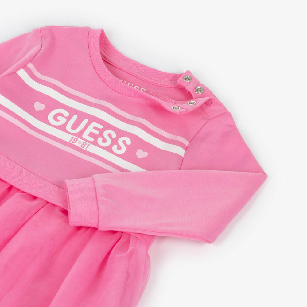 Guess-Baby Girls Pink Cotton & Tulle Glittery Logo Dress | Childrensalon Outlet