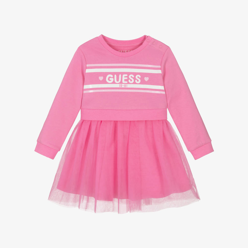 Guess-Baby Girls Pink Cotton & Tulle Glittery Logo Dress | Childrensalon Outlet