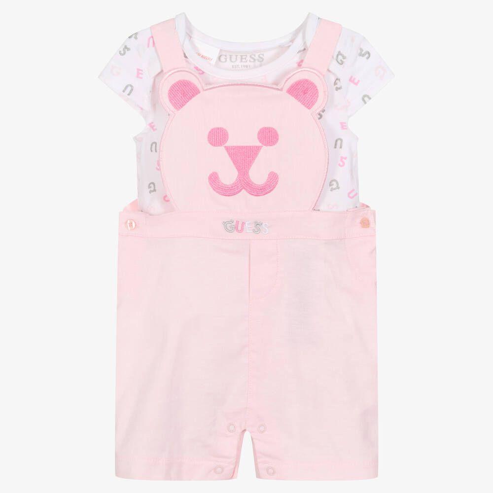 Guess - Baby Girls Pink Dungaree Set | Childrensalon