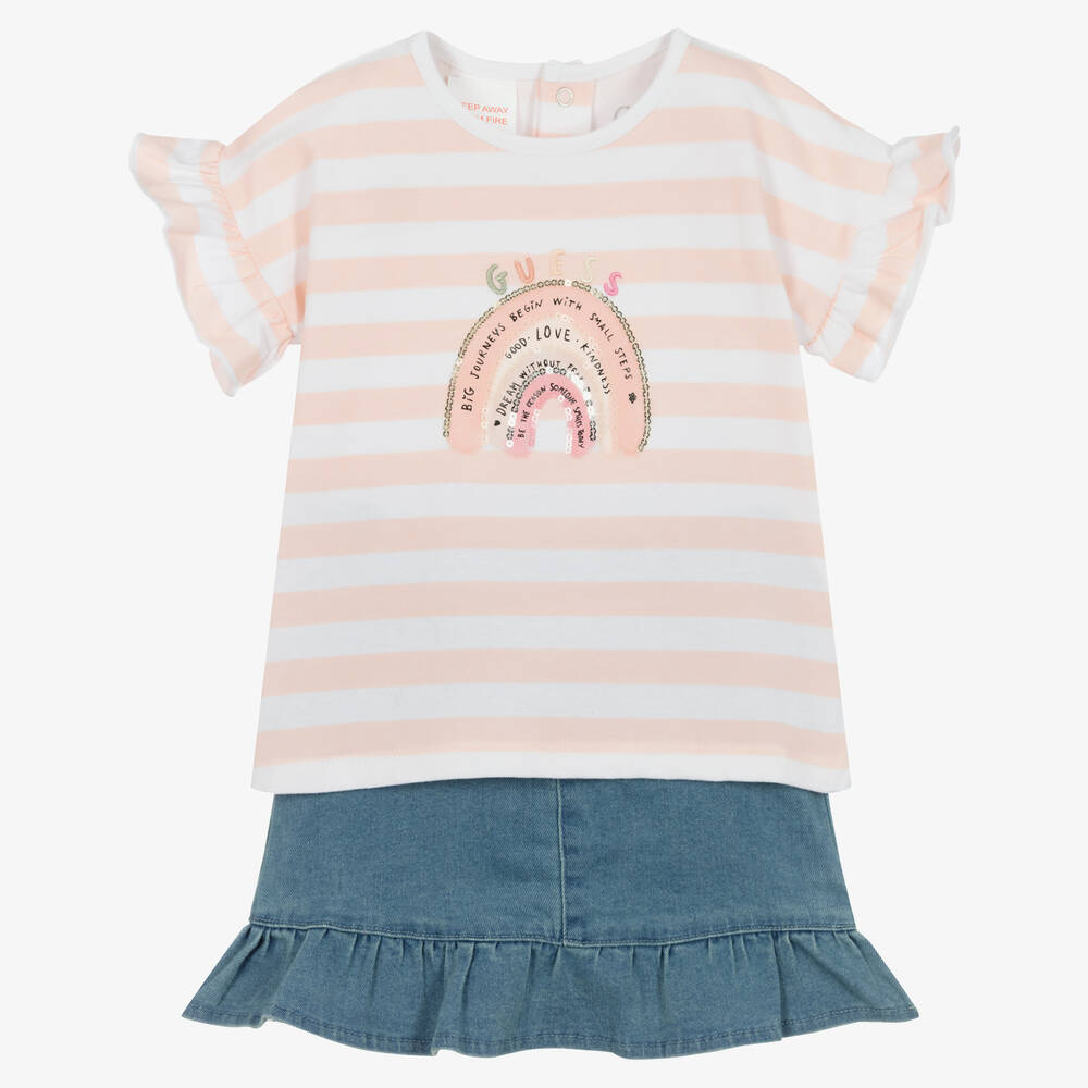 Guess - Baby Girls Pink Striped Denim Skirt Set | Childrensalon
