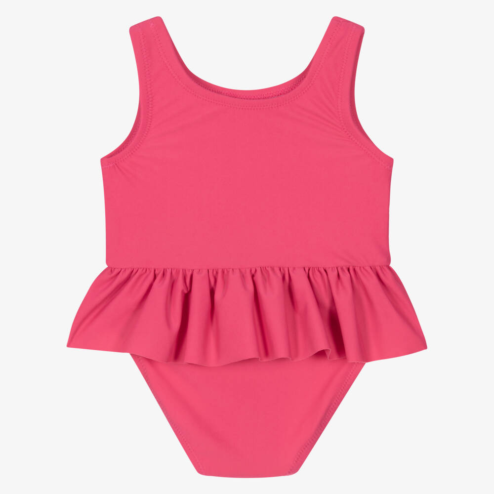 Guess-Baby Girls Pink Triangle Logo Ruffle Swimsuit | Childrensalon Outlet