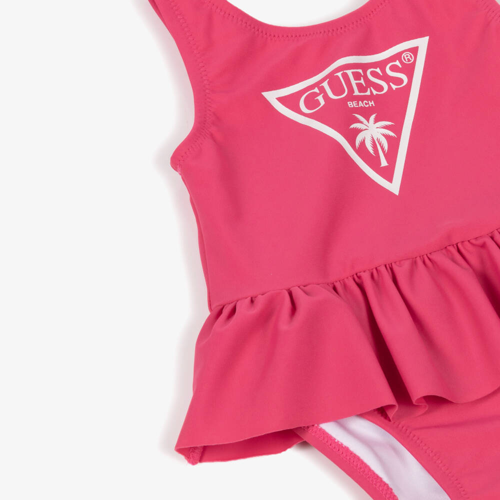 Guess-Baby Girls Pink Triangle Logo Ruffle Swimsuit | Childrensalon Outlet
