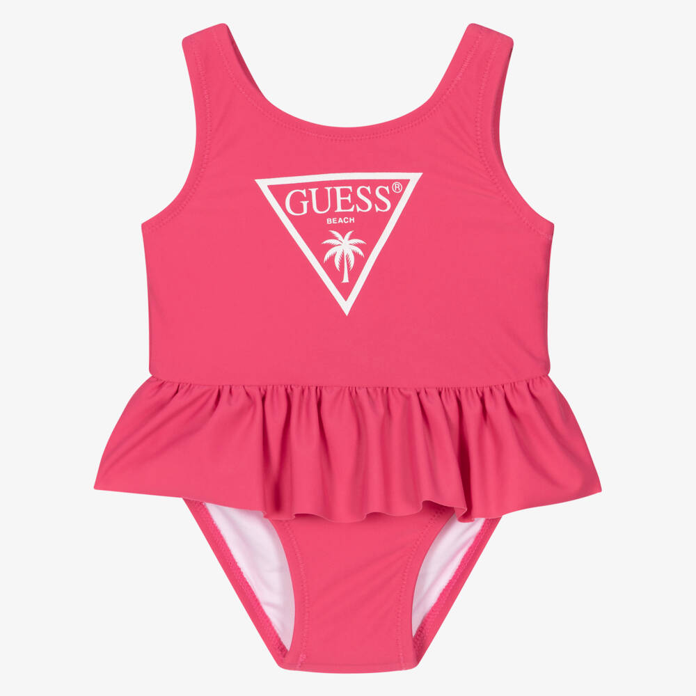 Guess-مايوه بشعار الماركة وكشكش لون زهري للمولودات | Childrensalon Outlet
