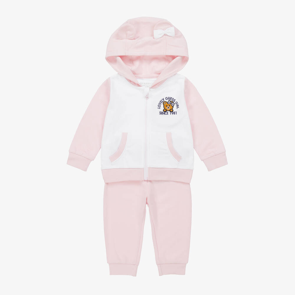 Guess - Baby Girls Pink & White Teddy Tracksuit | Childrensalon