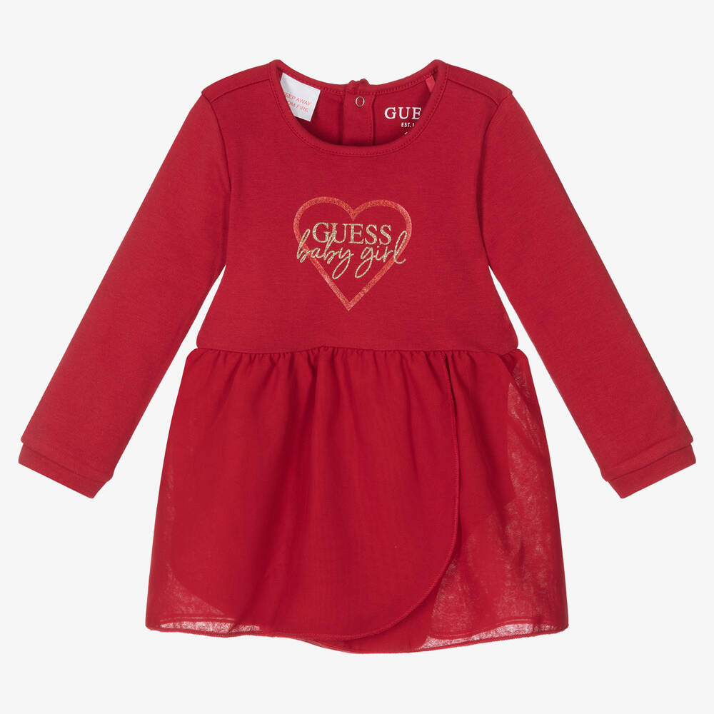 Guess - فستان قطن تارتان لون أحمر للمولودات | Childrensalon