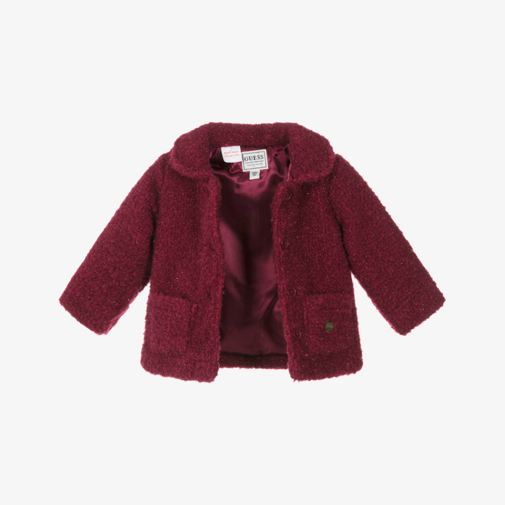 Guess-Baby Girls Sparkly Burgundy Red Coat with Embroidered Logo | Childrensalon Outlet