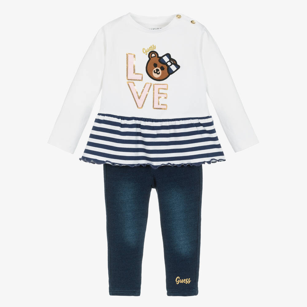 Guess - Baby Girls White & Blue Love Leggings Set | Childrensalon