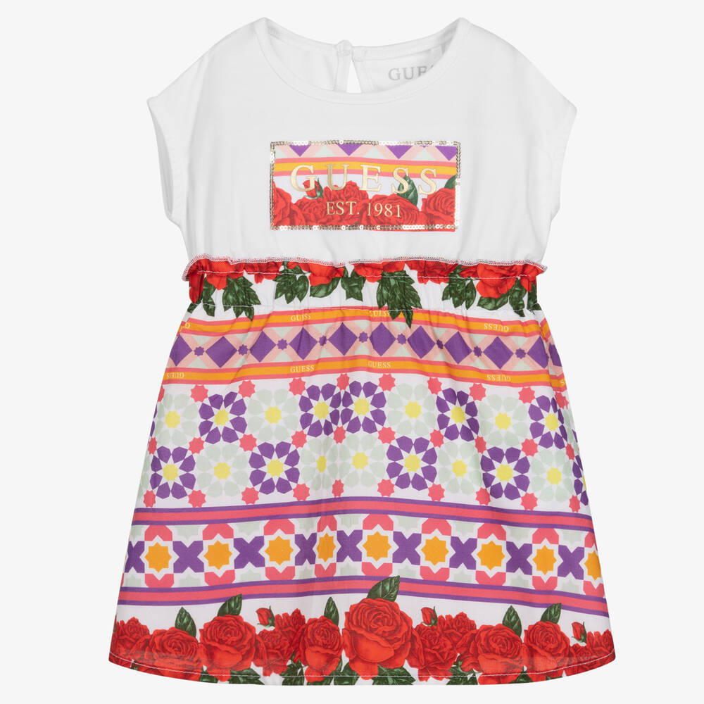 Guess - Baby Girls White & Colourful Print Cotton Dress | Childrensalon