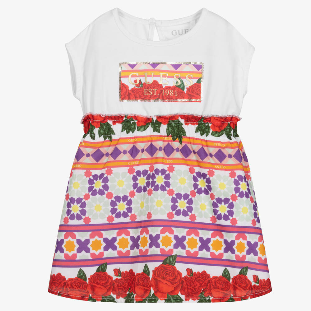 Guess - Baumwollkleid mit buntem Print weiß | Childrensalon