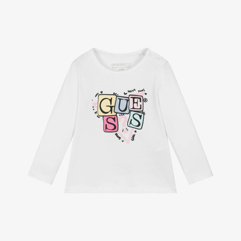 Guess-Baby Girls White Cotton Logo Block Top | Childrensalon Outlet